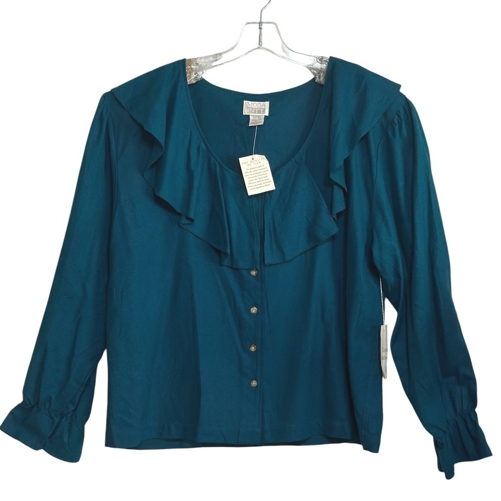 Moda International Blouse Women Teal 100% Silk Ruffle Collar Long Sleeve Fall L